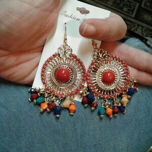 Gem Galore Disc Earrings gold red blue dangle